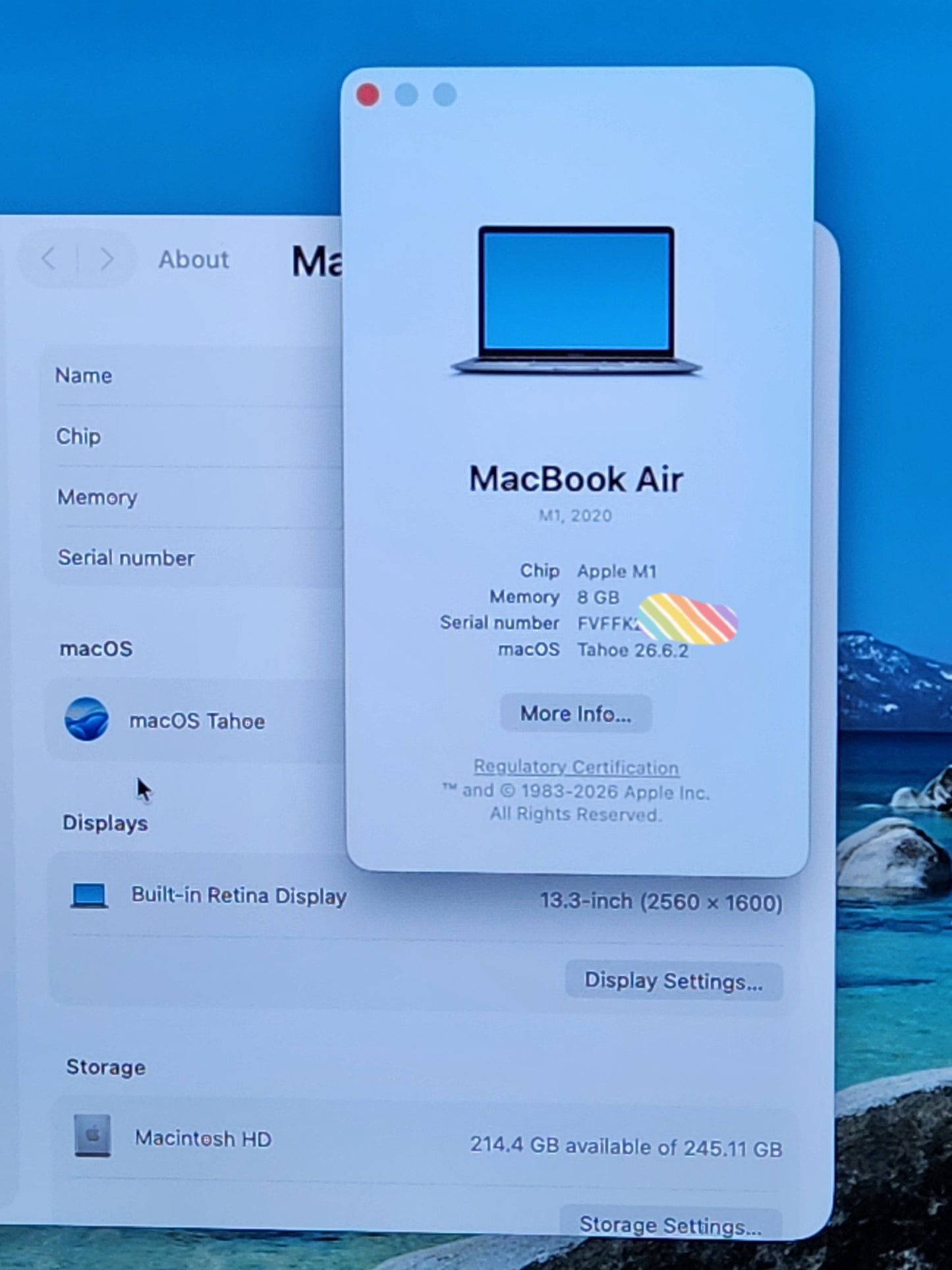 Refurbished MacBook Air M1 (2020) – 8GB RAM, 256GB SSD, MacOS 26.  Space Grey