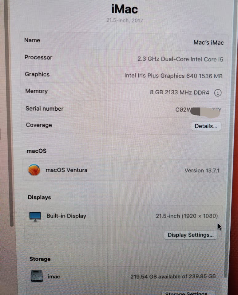 iMac 21.5-inch (2017) – Intel Core i5, 8GB RAM, 240GB SSD. Refurbished. Good Condition!  Pickup Only