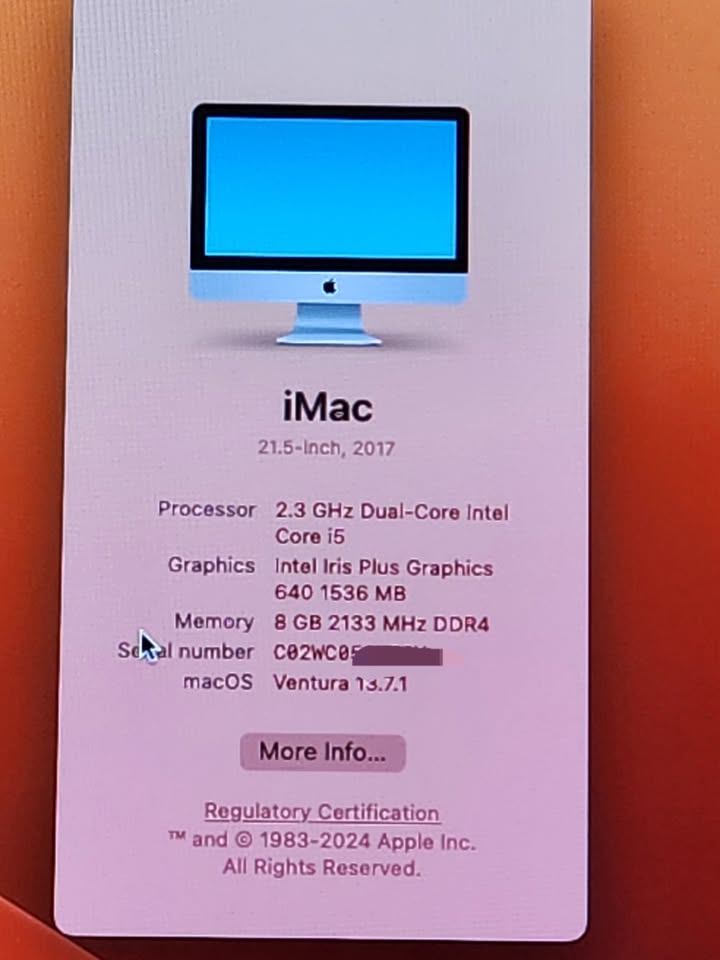 iMac 21.5-inch (2017) – Intel Core i5, 8GB RAM, 240GB SSD. Refurbished. Good Condition!  Pickup Only