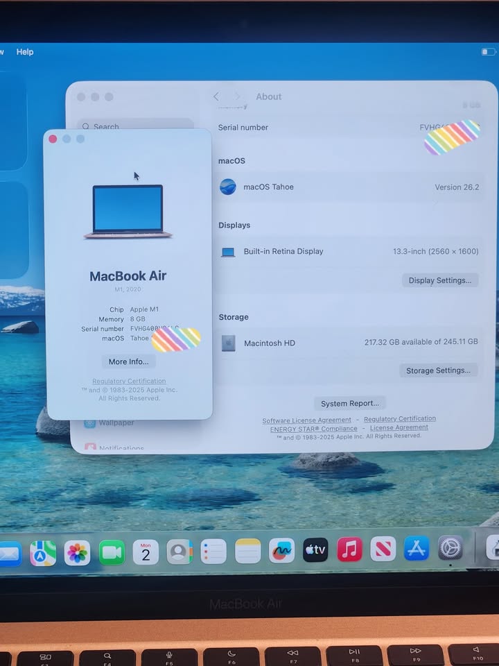 Refurbished MacBook Air M1 (2020) – 8GB RAM, 256GB SSD, RoseGold color, MacOS 26.