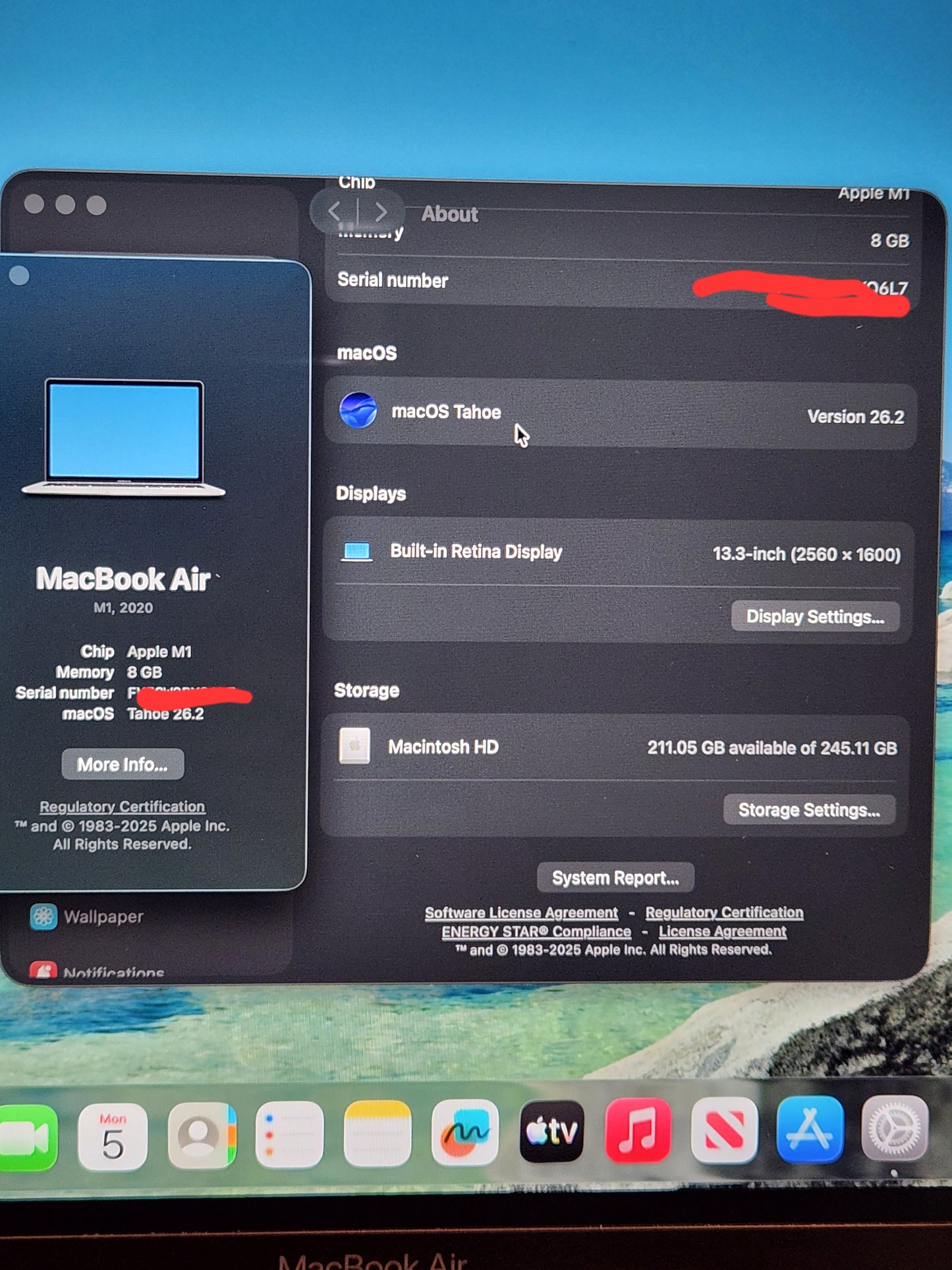 PRE-OWNED MacBook AIR M1 (13 inch 2020) 8GB 256GB GOOD CONDITION