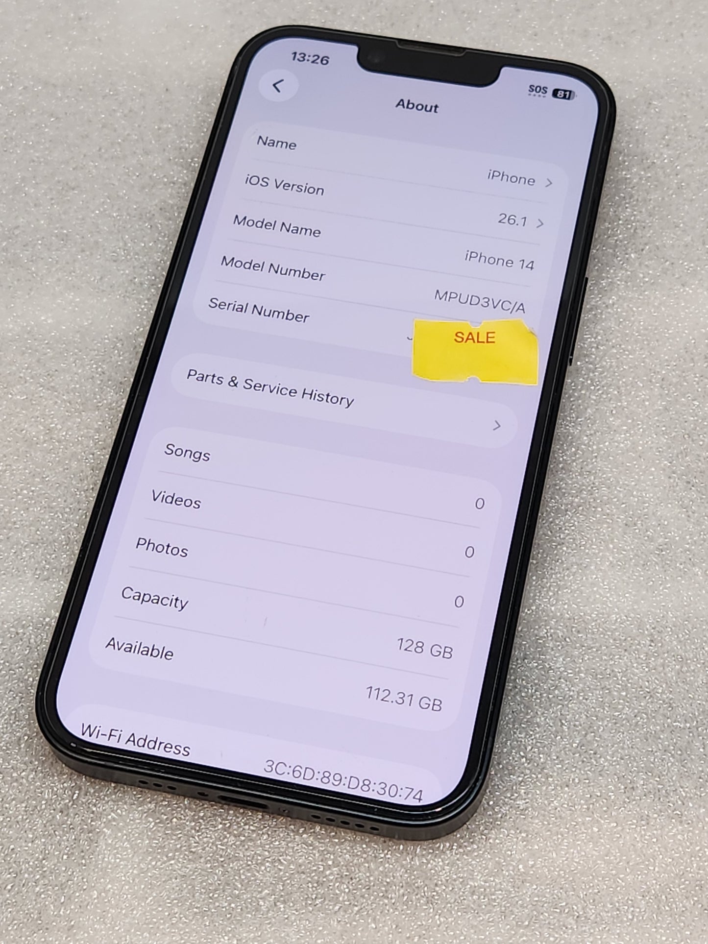 Refurbished iPhone 14 unlocked 128GB Black. (** FACE ID doesn't work) SELL AS IS